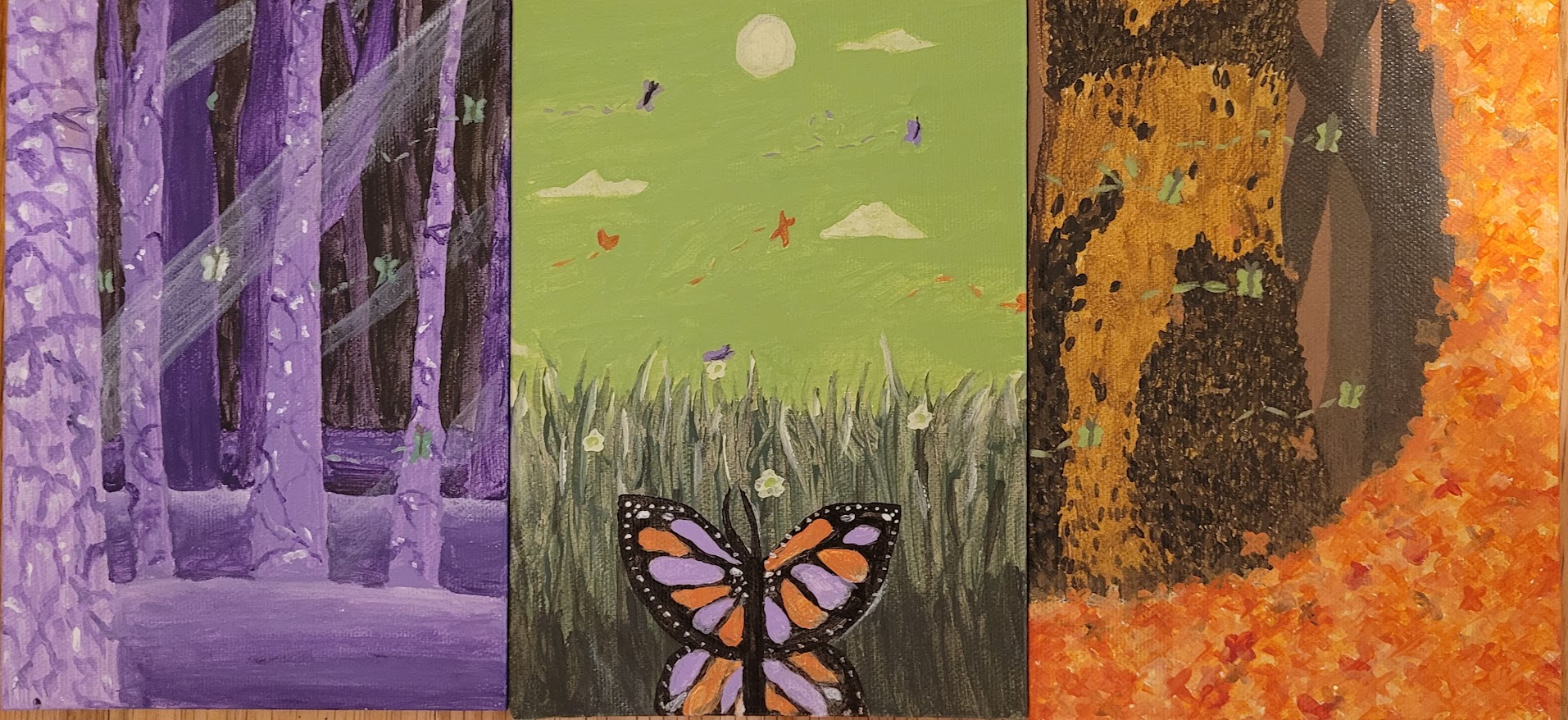 Triptych Painting of a Butterfly's Journey